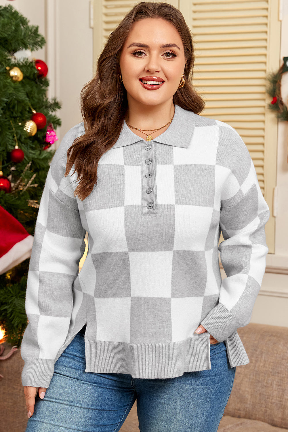 Gray Plus Size Checkered Pattern Polo Collar Split Sweater Dear-Lover Dropshipping
